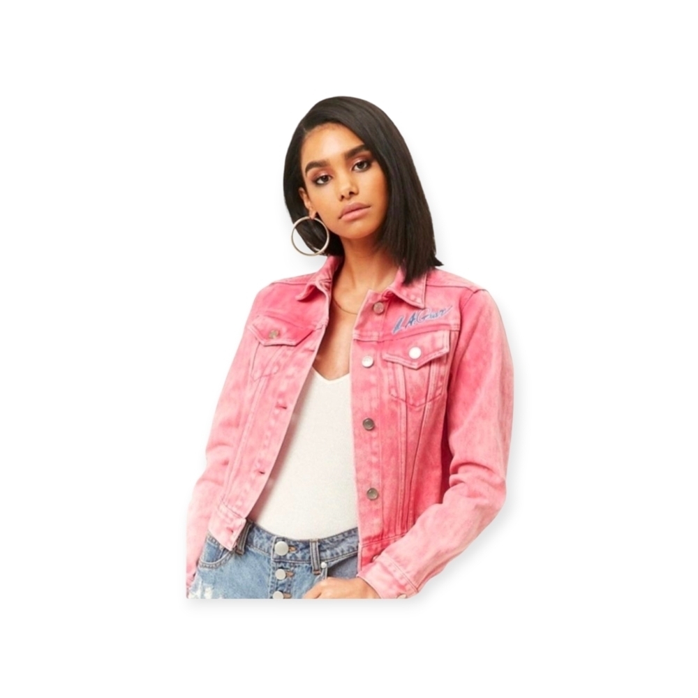 Forever 21 LA Gear Pink Denim Jacket Womens Medium Button Up Casual Outerwear